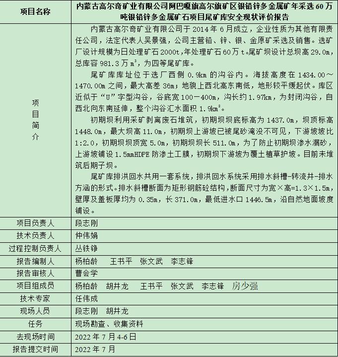 內蒙古高爾奇礦業有限公司阿巴嘎旗高爾旗礦區銀鉛鋅多金屬礦年采選60萬噸銀鉛鋅多金屬礦石項目尾礦庫安全現狀評價報告