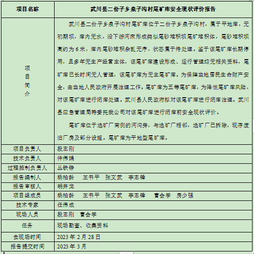 武川縣二份子鄉泉子溝村尾礦庫安全現狀評價報告